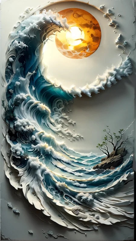 <lora:artfullyWHIMSICAL_SDXL_V1:0.9>, artwhmscl, romantic art, The fine painting shows a huge wave on a coast. The water is crystal clear so we can see the intricate patterns of light and shadow. In the distance we see the vastness of the ocean stretching to the horizon, its surface dotted with small waves. the sky is various shades of blue from deep navy blue to light sky blue. The sun casts a warm orange light over everything giving the scene a sense of vitality and energy. This painting conveys a sense of strength and beauty reminding us of the raw power and majesty of nature. It will inspire viewers to appreciate the wonders of our world and seek their own personal connection with the natural world around them,some deep blue,
<lora:add-detail-xl:1>
<lora:ral-decoznow-sdxl:1> ral-decoznow>
<lora:ral-ertmsphr-sdxl:1> ral-ertmsphr
<lora:dvr-lnds-sdxl:0.15> dvr-lnds-sdxl
<lora:artfullyTREETTREET_SDXL_V1:1> Arttrttrt