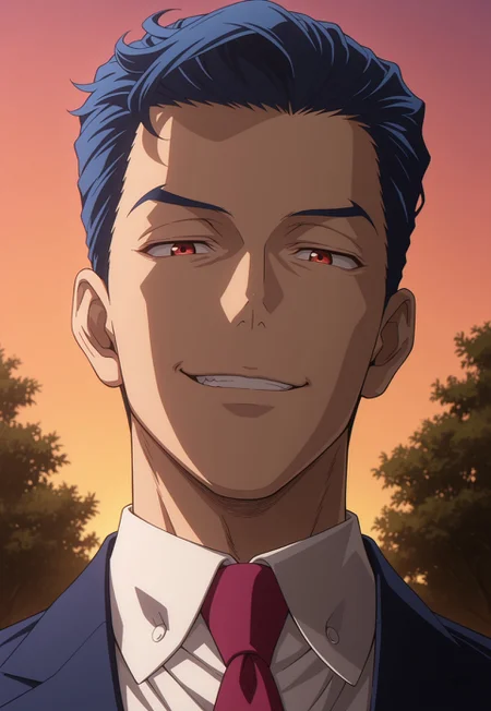 masterpiece,best quality,amazing quality, detailed details, shaded, detailed shading, detailed skin, shaded skin, realistic shading, countershading:1.1, outdoors, evening, low angle view, close-up, upper body, 1boy, solo, looking at viewer, smirk, Ainosuke Shindo, red eyes, blue hair, formal, necktie, suit