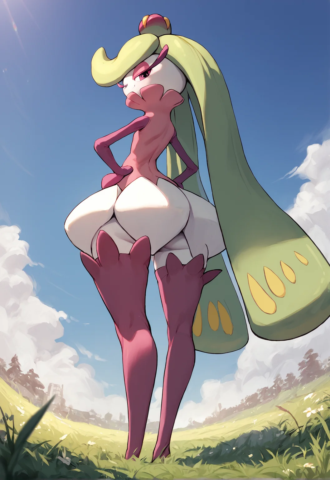 score_9, score_8_up, score_7_up, score_6_up, best quality, highres, outdoors, tall grass, BREAK
<lora:Tsareena-000016:1>,
1girl, pokemon \(creature\), tsareena, standing, looking at viewer, hands on hips, smug, ass, from below, white skin, thighhighs, skirt