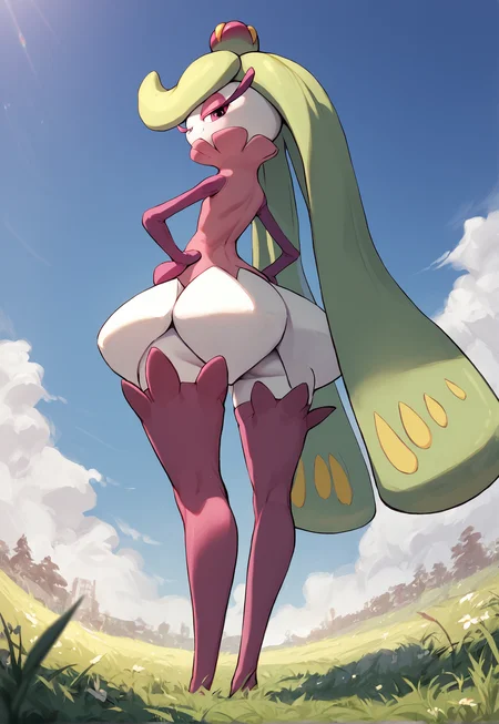 score_9, score_8_up, score_7_up, score_6_up, best quality, highres, outdoors, tall grass, BREAK
<lora:Tsareena-000016:1>,
1girl, pokemon \(creature\), tsareena, standing, looking at viewer, hands on hips, smug, ass, from below, white skin, thighhighs, skirt