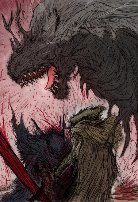 Bl ls,weapon,sword,blood,monster,holding,holding weapon,battle,holding sword,teeth,hat,sharp teeth,open mouth,furry,cape,1boy,
masterpiece,best quality,high definition,ultra-detailed,<lora:Black_Souls-000130:1>,