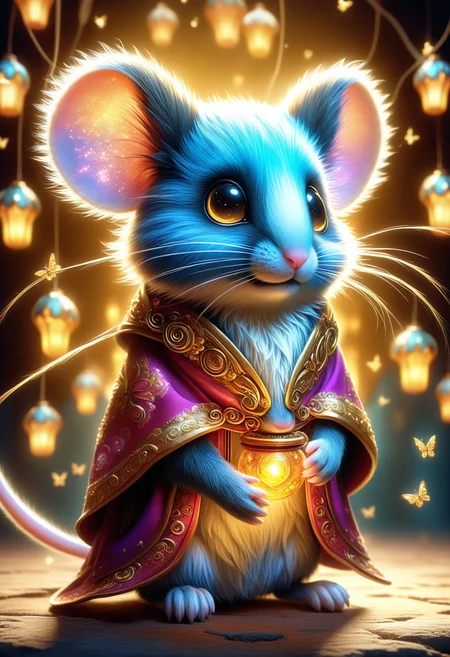 hyper detailed masterpiece,realistic,DonM1un4rN3wY34rXL mouse baer, cute furry fuzzy creature, alluring gaze, fairy tail, ethereal, fantastic, playful expression, enchanting, guardian spirit, vengeful in weathered hidden chamber,ornamented <lora:myLora\DonM1un4rN3wY34rXL-000006:.8>,