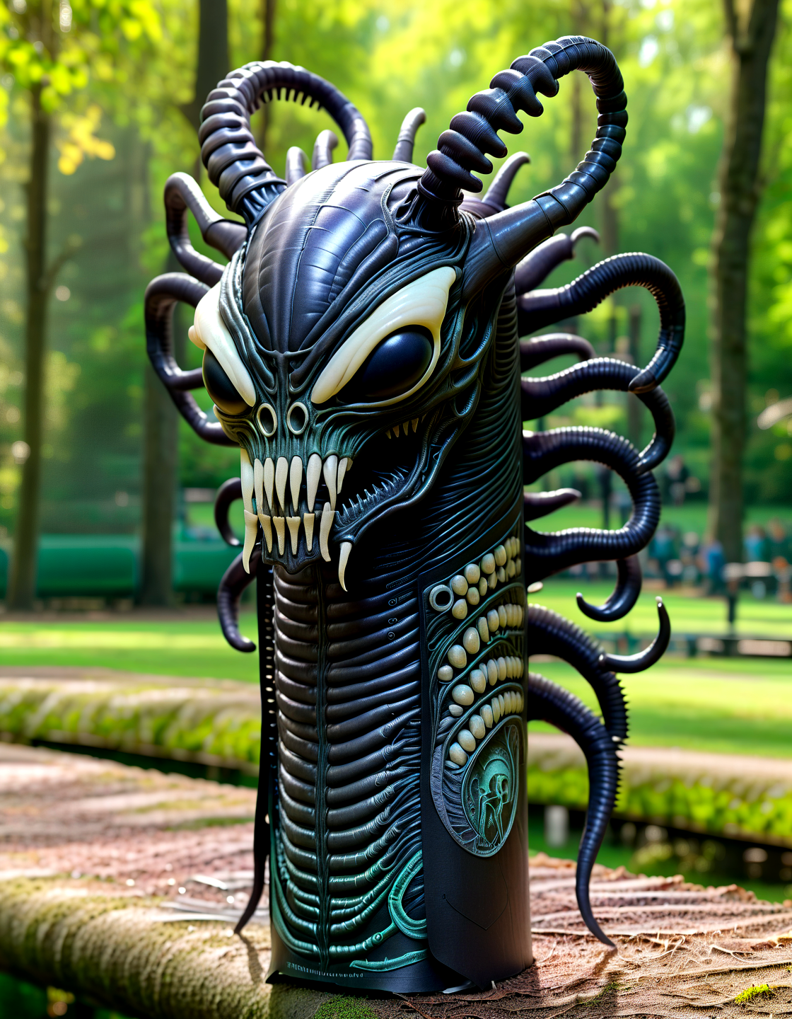 Macro Photography h.r.giger alien xenomorph made of toilete paper roll, tprc style, in a park, clorfull, masterpice, 8k,,, Macro Photography, often for close-up views, small subjects, or detailed examination.