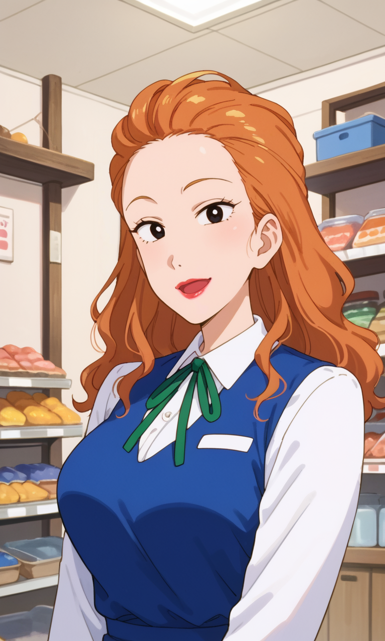 (1girl:1.5), (solo:1.3), (score_9, score_8_up, score_7_up, score_6_up, score_5_up, score_4_up), (source_anime), rating_questionable, looking at viewer,
 <lora:koshitani-junko_v1:0.9> (koshitani-junko), (black eyes, orange hair, long hair, slicked back hair, forehead, eyelashes, lips, lipstick), (blue dress, white shirt, collared shirt, long sleeves, green ribbon, neck ribbon), (large breasts),
indoors, 
smile,  ^ ^,  open mouth,  
 (portrait:1.3), (from front:1.3),
 cloth shop