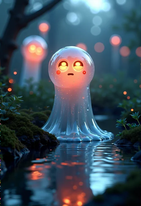photorealistic image of a dreamy and otherworldly transparent slime with a gelatinous body and bright googly eyes, floating above a small pond, surrounded by glowing orbs, twilight with the last light of day fading, ultra-high-definition textures, cinematic composition, soft and surreal lighting, intricate details in the glowing orbs, smooth transitions between warm and cool tones, mystical and ethereal atmosphere, realistic reflections in the water, detailed foliage with soft shadows, glowing highlights on the creature's body, serene twilight scene, photorealistic rendering

 














