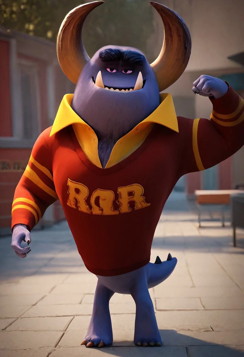 FRESHIDEAS pixar style, Expressiveh, solo, score_9, score_8_up, score_7_up, score_6_up, score_5_up, score_4_up, source_furry, hi res, johnny worthington, monster, satan-like monster, big horns, purple fur, upward-facing fangs, ((noseless)), thick eyebrows, muscular, purple eyes, claws, anthro, flexing, smirk, spiked tail, full body, male, looking at viewer, bottomless, random view, yellow polo shirt, red sweater, yellow arm trim, embroidered logo, RΩR logo, bottomless, random view, 3D render, 3D artwork,