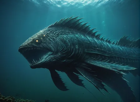 <lora:Leviathan_XL:1> leviathan a sea monster, underwater, under the ocean, depths, fish like, long fins, (masterpiece), best quality, highres, 4k, 8k, intricate detail, cinematic lighting, amazing quality, amazing shading, soft lighting, gloomy colors, dark aura, horror
