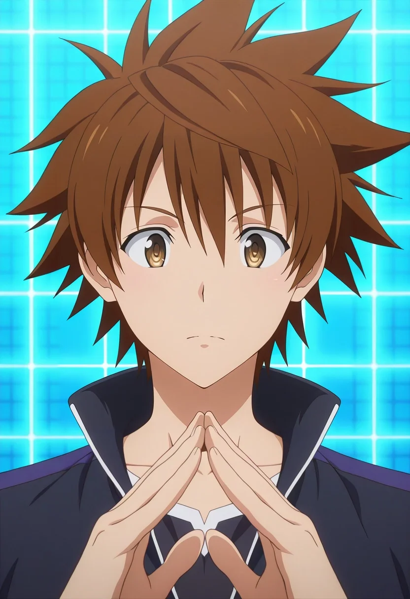 masterpiece, best quality, intricate details, anime screencap, anime coloring, official style, , 1boy, solo, male focus, <lora:rito_yuuki_ilxl:1>, rito_yuuki, brown hair, brown eyes, spiked hair, digital realm, data streams, circuit paths, energy fields, interface pose, analyzing expression, grid lighting,