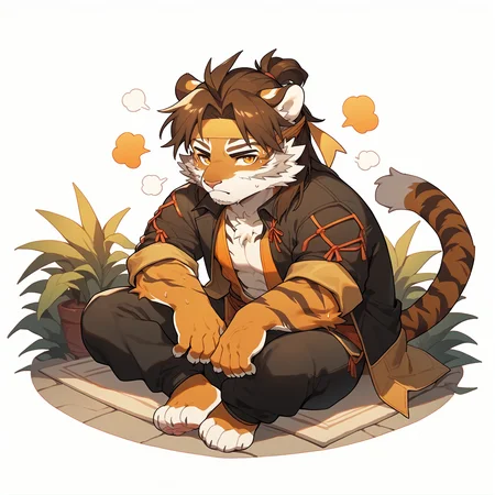score_9,score_8 up,score_7 up,score_6 up,score_furry,
æ§å¤©è£´,manthro,tiger,solo,male,felid,black clothes,brown hair,striped fur,twitch emote,chibi,cute,striped body,yellow tur,banhair,fur,countershading,stripes,white background,clothed,sitting,orange fur,white body,sweat,aged up,looking at viewer,full body,<lora:Huai_Tianpei_XL_Pony_1-000010:0.8>,<lora:NijiEmotePDXL:0.8>,