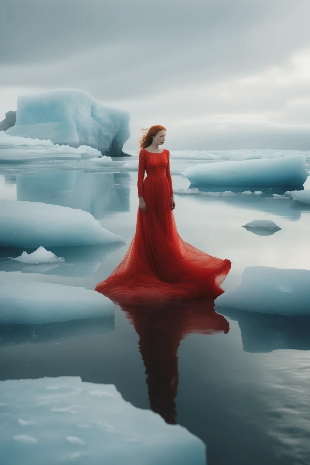 <lora:Elizabeth Gadd Style:1>Elizabeth Gadd Style - Envision a stunning woman standing alone on an iceberg drifting away from the Icelandic shore. She is adorned in a simple yet elegant long red dress, a stark contrast to the icy blue surroundings. Her face is a portrait of melancholy, her eyes reflecting a silent farewell. The photo should be hyper-realistic, capturing the subtle nuances of her expression and the intricate details of her dress. The lighting should be soft, casting a gentle glow on her face and highlighting the vibrant red of her dress against the icy backdrop. The composition should be shot with a telephoto lens, focusing on the woman while still capturing the vast expanse of the sea and the distant shore. The photo should be taken with a high-resolution 16k camera, ensuring every detail is captured in stunning clarity.