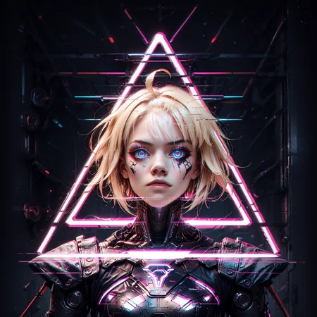 score_9,score_8_up,score_7_up, glitch, d1splaygl1tchl1nes, a glowing (triangle:1.2), (saber alter:1.0), cyborg, mecha, breasts, contrapposto, shiny, glamour, makeup, glossy, glowing eyes, anamorphic, science fiction, geometric, cyberpunk style <lora:Glitch:0.7> <lora:Display_Glitch_Lines_Effect_PONY_XL_by_UOC:0.7> <lora:futuristic_Concept:0.2> <lora:Cyberpunk_Style:0.2> <lora:TransHumanizm_Concept_PONY_XL_by_UOC:0.4>, (black background:0.8), particles, dust, lines, blonde hair, hair between eyes, ahoge