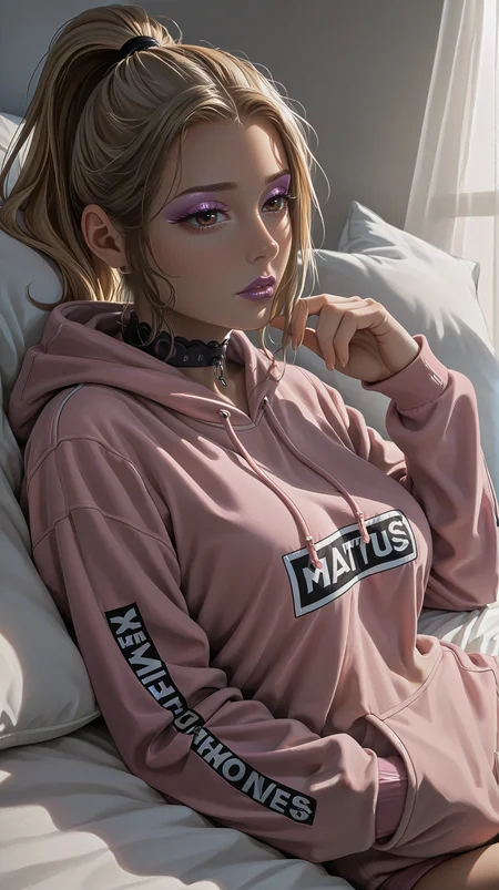 4n1v3rs3, score_9, score_8_up, score_7_up, (Western Comics), full body shot, ultra detailed illustration, extremely detailed face, ((close_up, closeup, close up)),
(1 female), (25 years old), light brown hair, high ponytail, detailed hair, big breasts, small lips, detailed brown eyes, matte purple lipgloss, pink glossy eyeshadow, soft matte powder,detailed body, detailed feet, detailed skin, small waist,
leather collar, wearing onesie with , cute printed onesie, pillow, sheets, sad, horny,
<lora:Pony_DetailV2.0:1> <lora:Detailed_eyes:1> <lora:43stl1ght1ngXLP2:0.6> 43stl1ght1ng, darkness, eye lighting