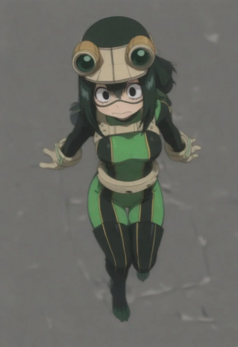 masterpiece, best quality, amazing quality,,, shiny skin,,,,,, <lora:IlluTsuyu:1> illutsuyu, long hair, black hair, green hair, low-tied long hair, black eyes, green bodysuit, goggles, domino mask,