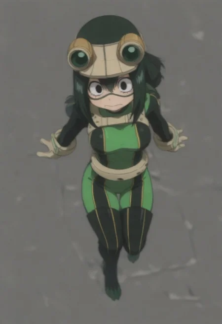 masterpiece, best quality, amazing quality,,, shiny skin,,,,,, <lora:IlluTsuyu:1> illutsuyu, long hair, black hair, green hair, low-tied long hair, black eyes, green bodysuit, goggles, domino mask,