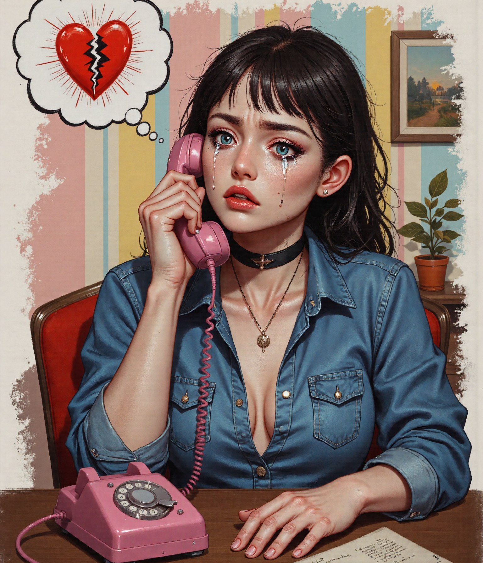 Subject/Scene:
A large, bold Pop Art-style illustration of a stunning, alternative young woman with long, flowing jet-black hair and blunt bangs, styled in a high ponytail that cascades over her shoulders. Her deep blue eyes are piercing and expressive, framed by thick, dramatic lashes wet with sorrow. Dark, smudged eyeliner and smoky eyeshadow enhance her gothic beauty, amplifying the intensity of her heartbreak. Her delicate freckles are subtly visible, adding a soft contrast to her edgy, alternative aesthetic.

Her lips are tightly pressed together, painted in bright, deep red lipstick, conveying a sense of suppressed emotion and quiet devastation.

She wears a thin, solid black choker around her neck, sitting snugly against her pale, smooth skin, giving her a seductive, gothic elegance. Her form-fitting blue denim shirt clings to her curvy figure, accentuating her voluptuous, striking presence. The fabric stretches subtly over her frame, highlighting her alluring beauty, yet her pose is filled with raw, heartbreaking emotion.

She sits in a perfectly stylized 1960s room, clutching a pink rotary telephone receiver tightly in her trembling hand, her fingers digging into the plastic as if trying to hold onto something already lost. The coiled cord loops chaotically, mirroring the emotional turmoil within her. Her arched eyebrows are knit together, amplifying the devastation in her eyes.

Thick black mascara tears streak down her cheeks, smudged, dark, and glossy, leaving uneven, dramatic trails on her pale, freckled skin. Her makeup is ruined, her lashes clumped and wet, as if she’s been crying for hours, her perfectly crafted beauty now undone by heartbreak.

Above her, a bold white thought bubble contains a shattered red heart split in two, its jagged crack exaggerated and bold—a universal symbol of heartbreak and lost love.

Background & 1960s Room Details:
The background is a meticulously stylized 1960s room, full of vintage charm and mid-century décor, creating a striking contrast with her alternative, edgy style:

The wallpaper features a bold, geometric 1960s pattern, alternating between soft pastel pinks, yellows, and baby blues, overlaid with Ben-Day dots for a retro texture.

A vintage rotary phone base sits on a mid-century side table, its design sleek and nostalgic.

A small potted plant with stylized leaves adds a touch of life to the room, while a framed abstract painting hangs on the wall, reinforcing the Pop Art aesthetic.

Art Style & Mood:

Thick black outlines define every element, ensuring a high-contrast, graphic comic-book aesthetic.

Ben-Day dots are heavily used for shading, wallpaper textures, and skin highlights, adding classic Pop Art texture.

The color palette is bold and vibrant, featuring reds, blues, whites, and pinks, creating a striking contrast between her dark alternative look and the pastel vintage setting.

Flat, even lighting keeps the clean, polished, and highly stylized look of 1960s Pop Art, eliminating gradients for bold, graphic clarity.

Emotion & Story:
Despite the bright, nostalgic aesthetic, the image is filled with deep, raw emotion. The gorgeous goth woman, with her smudged mascara tears, tight black choker, and striking figure, is lost in heartbreak, devastated by a soul-crushing phone call.

The contrast between her seductive, alternative beauty and the overwhelming sadness makes the moment feel larger than life—dramatic, visually striking, and painfully relatable.


Anime, Anaglyph3D, BlacklightGraffiti, FoggyM00d, a dilchtnstn style pop art painting, Jedcyb3r, Jedspl4tt, z1mora, COOLK1DS, A girl is crying with tears in her eyes, 