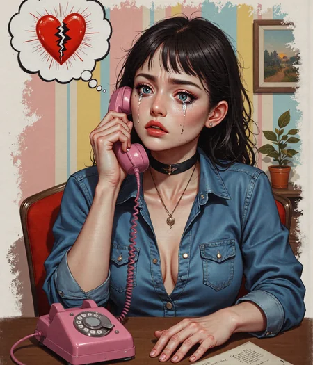 Subject/Scene:
A large, bold Pop Art-style illustration of a stunning, alternative young woman with long, flowing jet-black hair and blunt bangs, styled in a high ponytail that cascades over her shoulders. Her deep blue eyes are piercing and expressive, framed by thick, dramatic lashes wet with sorrow. Dark, smudged eyeliner and smoky eyeshadow enhance her gothic beauty, amplifying the intensity of her heartbreak. Her delicate freckles are subtly visible, adding a soft contrast to her edgy, alternative aesthetic.

Her lips are tightly pressed together, painted in bright, deep red lipstick, conveying a sense of suppressed emotion and quiet devastation.

She wears a thin, solid black choker around her neck, sitting snugly against her pale, smooth skin, giving her a seductive, gothic elegance. Her form-fitting blue denim shirt clings to her curvy figure, accentuating her voluptuous, striking presence. The fabric stretches subtly over her frame, highlighting her alluring beauty, yet her pose is filled with raw, heartbreaking emotion.

She sits in a perfectly stylized 1960s room, clutching a pink rotary telephone receiver tightly in her trembling hand, her fingers digging into the plastic as if trying to hold onto something already lost. The coiled cord loops chaotically, mirroring the emotional turmoil within her. Her arched eyebrows are knit together, amplifying the devastation in her eyes.

Thick black mascara tears streak down her cheeks, smudged, dark, and glossy, leaving uneven, dramatic trails on her pale, freckled skin. Her makeup is ruined, her lashes clumped and wet, as if she’s been crying for hours, her perfectly crafted beauty now undone by heartbreak.

Above her, a bold white thought bubble contains a shattered red heart split in two, its jagged crack exaggerated and bold—a universal symbol of heartbreak and lost love.

Background & 1960s Room Details:
The background is a meticulously stylized 1960s room, full of vintage charm and mid-century décor, creating a striking contrast with her alternative, edgy style:

The wallpaper features a bold, geometric 1960s pattern, alternating between soft pastel pinks, yellows, and baby blues, overlaid with Ben-Day dots for a retro texture.

A vintage rotary phone base sits on a mid-century side table, its design sleek and nostalgic.

A small potted plant with stylized leaves adds a touch of life to the room, while a framed abstract painting hangs on the wall, reinforcing the Pop Art aesthetic.

Art Style & Mood:

Thick black outlines define every element, ensuring a high-contrast, graphic comic-book aesthetic.

Ben-Day dots are heavily used for shading, wallpaper textures, and skin highlights, adding classic Pop Art texture.

The color palette is bold and vibrant, featuring reds, blues, whites, and pinks, creating a striking contrast between her dark alternative look and the pastel vintage setting.

Flat, even lighting keeps the clean, polished, and highly stylized look of 1960s Pop Art, eliminating gradients for bold, graphic clarity.

Emotion & Story:
Despite the bright, nostalgic aesthetic, the image is filled with deep, raw emotion. The gorgeous goth woman, with her smudged mascara tears, tight black choker, and striking figure, is lost in heartbreak, devastated by a soul-crushing phone call.

The contrast between her seductive, alternative beauty and the overwhelming sadness makes the moment feel larger than life—dramatic, visually striking, and painfully relatable.


Anime, Anaglyph3D, BlacklightGraffiti, FoggyM00d, a dilchtnstn style pop art painting, Jedcyb3r, Jedspl4tt, z1mora, COOLK1DS, A girl is crying with tears in her eyes, 