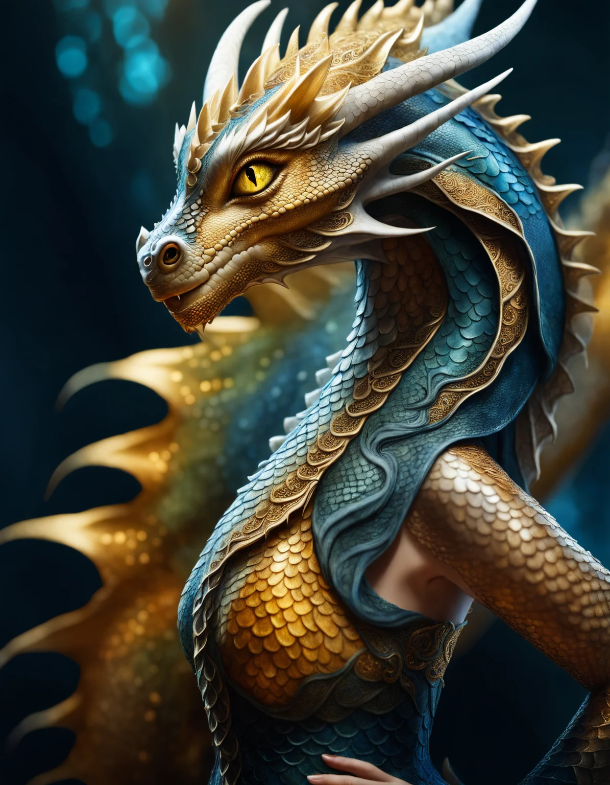 a dragon queen, wearing an ornate scaled gossamer dress, (female:1.1),, highly detailed eyes, (portrait up close:1.2), highly detailed, beautiful lighting, ethereal, mystical, 8k, scales, yellow eyes, vibrant colors, beautiful backlighting,