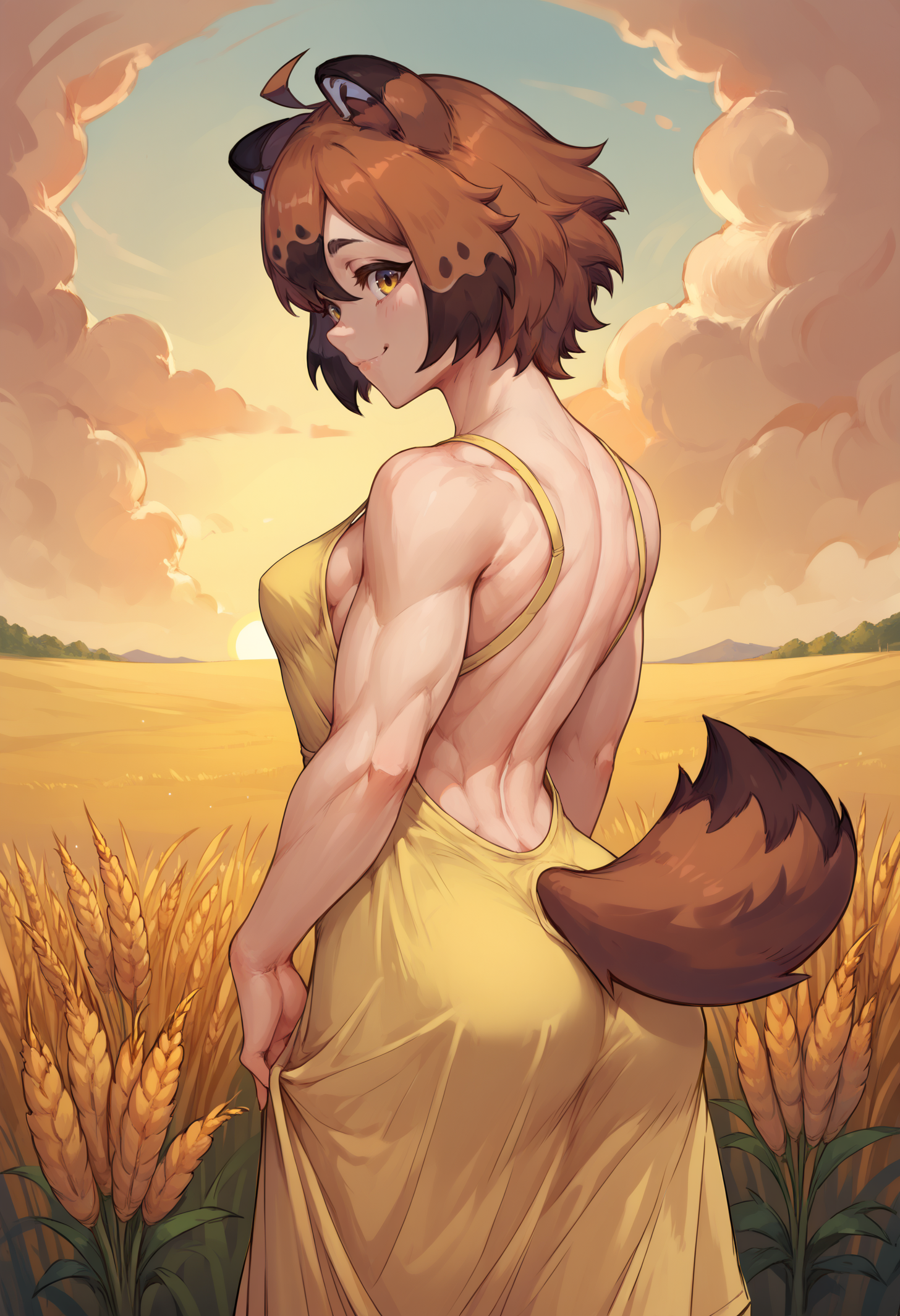 score_9, score_8_up, score_7_up, BREAK 1girl, solo, tanukiwers, raccoon girl, animal ears, raccoon tail, yellow eyes, short hair, ahoge, multicolored hair, medium breasts, <lora:TanukiWersmanPDXL_V1-Manityro-CAME:1.0>,
yellow sundress,
looking at viewer, light smile, toned, looking back,
outdoors, wheat field, sunset,
