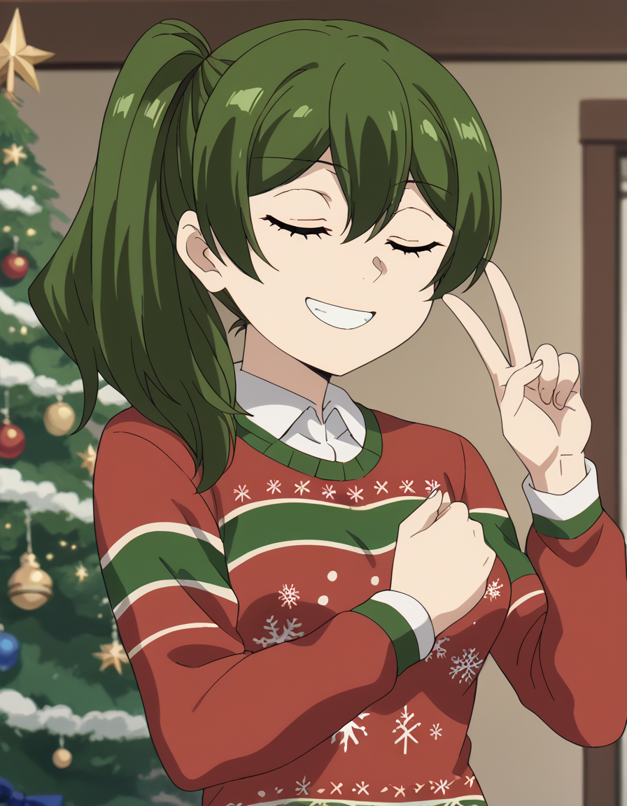 score_9, score_8_up, score_7_up, source_anime, <lora:ubel-s1-ponyxl-lora-nochekaiser:1>, ubel, medium hair, hair between eyes, green hair, side ponytail, purple eyes, medium breasts, anime screencap, <lora:christmas-sweater-ponyxl-lora-nochekaiser:1>, christmas sweater, christmas, ugly sweater, print sweater, red sweater, christmas tree, christmas ornaments, sweater, multicolored sweater, , v, smile, hands up, teeth, closed eyes, cowboy shot,, , dutch angle, cowboy shot
