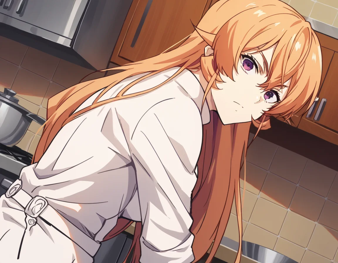 score_9, score_8_up, score_7_up, source_anime,
erinanakiri, <lora:erina-nakiri-s1-ponyxl-lora-nochekaiser:1>,
erina nakiri, long hair, orange hair, purple eyes, hair between eyes,
pants, white pants, chef, long sleeves, sleeves rolled up,
indoors, kitchen, bent over,
looking at viewer, cowboy shot, dutch angle, solo,