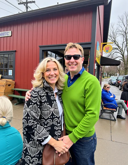Medium shot photo of a cheerful couple standing close together in an outdoor setting, showcasing a warm and candid moment. The man, with fair skin, a round face, and short blonde hair, is wearing dark sunglasses and a green sweater over a blue collared shirt. He has a wide, joyful smile, and his left arm is wrapped around the woman, adding to the affectionate pose. The woman, with light skin and shoulder-length wavy blonde hair, is smiling broadly as she leans into the man's embrace. She is wearing a black and white patterned coat and carries a brown handbag over her shoulder. In the background, a quaint small-town setting is visible, featuring a red wooden building with a visible sign reading "DUARTE'S," as well as parked cars and power lines. A woman with white hair, dressed in a bright blue jacket, sits on a bench by the building, adding a casual, lived-in aspect to the scene. The lighting is natural, indicating a bright but slightly overcast day, which gives the image a relaxed, everyday quality. The overall mood is friendly and affectionate, capturing a spontaneous moment of connection amid a typical town backdrop <lora:amateurphoto-v5-14-15-1-1:0.45>