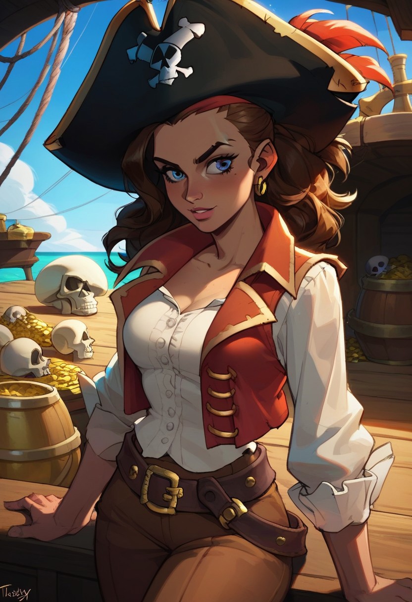 score_9, score_8_up,  score_8_up,  sexy woman, clean eyes, clean eye lines, pirate, pirate hat,  vest on bare body, brown pants, thick belt, skull island, sunny day, gold, treasure,     2d illustration,  best quality, ultra detailed, vibrant colors, high contrast,