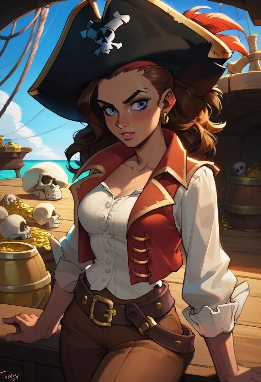 score_9, score_8_up, score_8_up, sexy woman, clean eyes, clean eye lines, pirate, pirate hat, vest on bare body, brown pants, thick belt, skull island, sunny day, gold, treasure, 2d illustration, best quality, ultra detailed, vibrant colors, high contrast,