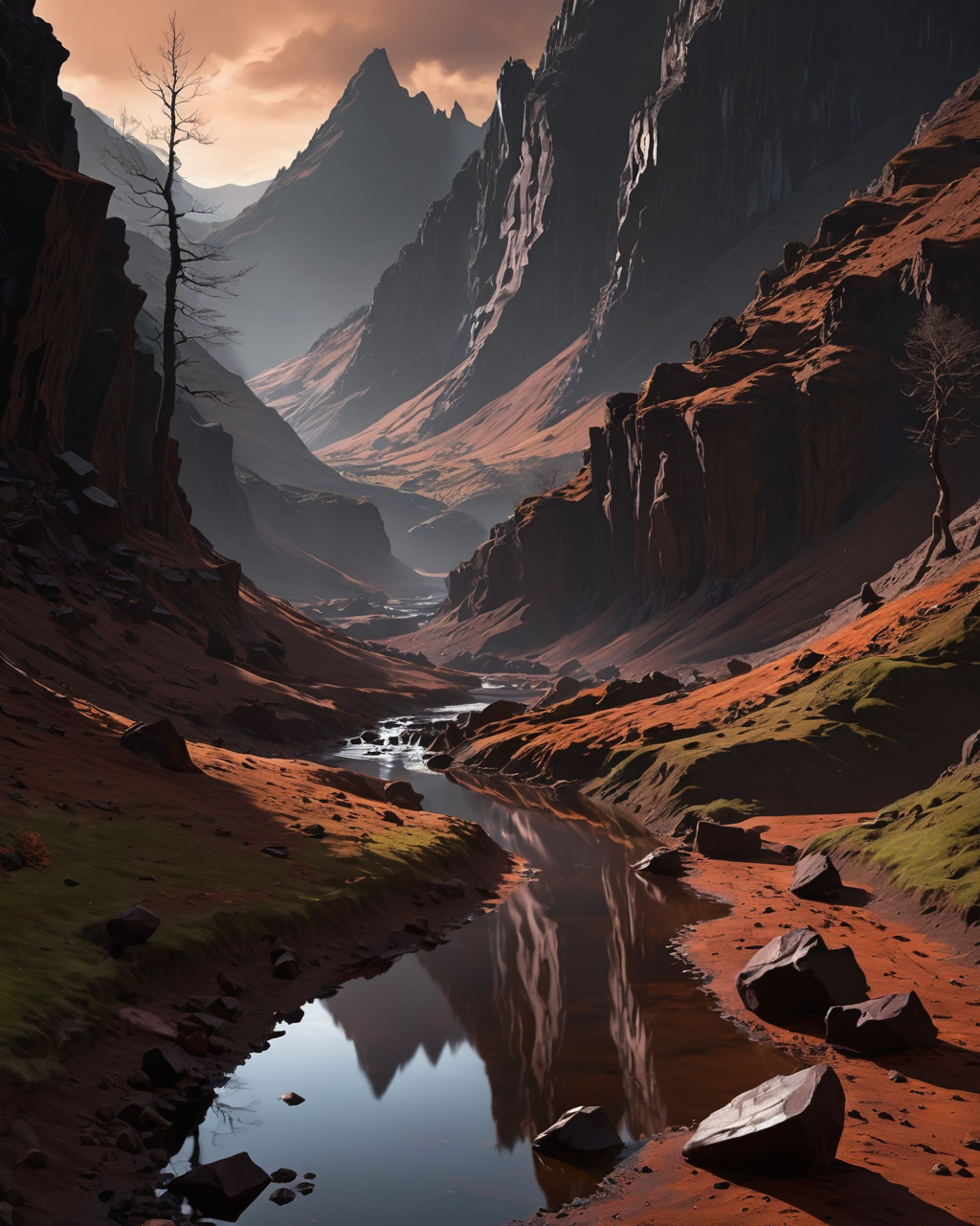 Spellcaster chocolate making, water, reflections, transparency, cromulent, vivid color, The Vale of Shadows: A dark and foreboding valley where no sunlight ever penetrates, Jack Gaughan,  ambient lighting, <lora:add-detail-xl:1>, <lora:xl_more_art-full_v1:0.8>