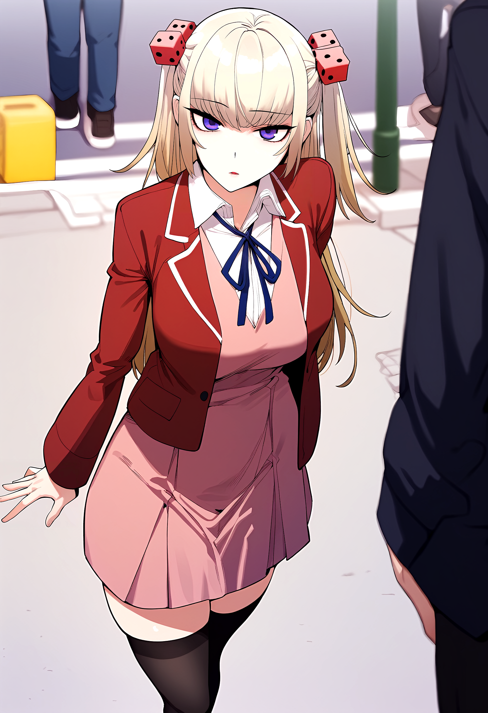 score_9, score_8_up, score_7_up, score_6_up, source_anime, rating_explicit, <lora:neg4all_bdsqlsz_V3.5:2.0>1girl, (solo:1.1), huge breasts, <lora:Ju ra-miponyxl:1> long hair, purple eyes, blonde hair, two side up, dice hair ornament, school uniform, blue ribbon, neck ribbon, red jacket, open jacket, collared shirt, white shirt, long sleeves, pink blazer, pink skirt, black thighhighs, expressionless, parted lips, Narrow shoulders, heavy breathing, steaming body, street, outdoors, looking at viewer, standing