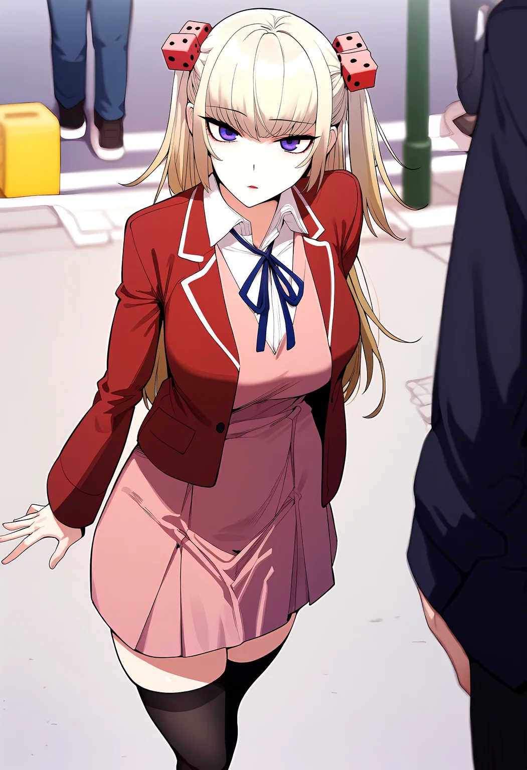 score_9, score_8_up, score_7_up, score_6_up, source_anime, rating_explicit, <lora:neg4all_bdsqlsz_V3.5:2.0>1girl, (solo:1.1), huge breasts, <lora:Ju ra-miponyxl:1> long hair, purple eyes, blonde hair, two side up, dice hair ornament, school uniform, blue ribbon, neck ribbon, red jacket, open jacket, collared shirt, white shirt, long sleeves, pink blazer, pink skirt, black thighhighs, expressionless, parted lips, Narrow shoulders, heavy breathing, steaming body, street, outdoors, looking at viewer, standing