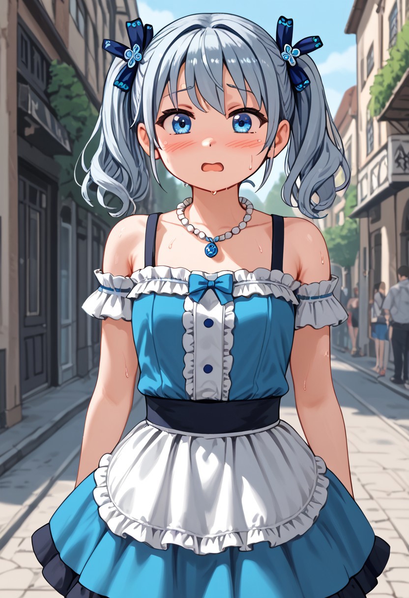 score_4,score_5,score_6,score_7_up,score_8_up,score_9 ((masterpiece,best quality,ultra detailed,highres,HD,4k:1.2)),
jyuukyuu, flat color, deformed, deformed characters, round face,
1 cute girl,solo,girl forcus,solo forcus, 
outdoors,
silver hair,twintails, necklace, bare shoulders, jewelry, pantyhose,blue eyes, blue hair ornament, skirt,frill, blush,open mouth,sweat,