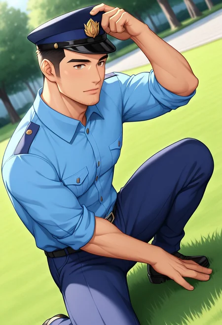 score_9, score_8_up, score_7_up, score_6_up, perfect anatomy, perfect proportions, best quality, masterpiece, high_resolution, high quality, aesthetic, absurdres, (male focus, adult, mature, masculine, manly, virile, hunky, macho, beefy, gay, homo, bara), handsome, charming, alluring, heroic, triumphant, grim, stern, BREAK (asian male, japanese male, dark hair, short hair, sideburns, facial hair, stubble), fit, BREAK Japanese Summer Police Uniform, HannekenJpPcSm01, light-blue collared shirt, tucked shirt, rank slides, rank insignia, sleeves rolled up, dark peaked cap, dark blue pants, BREAK, random pose, sitting on grass ground, relaxed pose, leaning slightly, one knee bent upward, other leg extended, (hand supporting head, legs spread, contemplative expression, guarded posture, view from above), outdoors, japanese modern city, park, nature, scenery, blurred background, dutch angle, movie still, perfect face, vibrant, vivid, stardom, glamorous, extraordinary achievement, award-winning, expressionist, cinematic, cinematic still, emotional, harmonious, vignette, bokeh, cinemascope, moody, epic, gorgeous