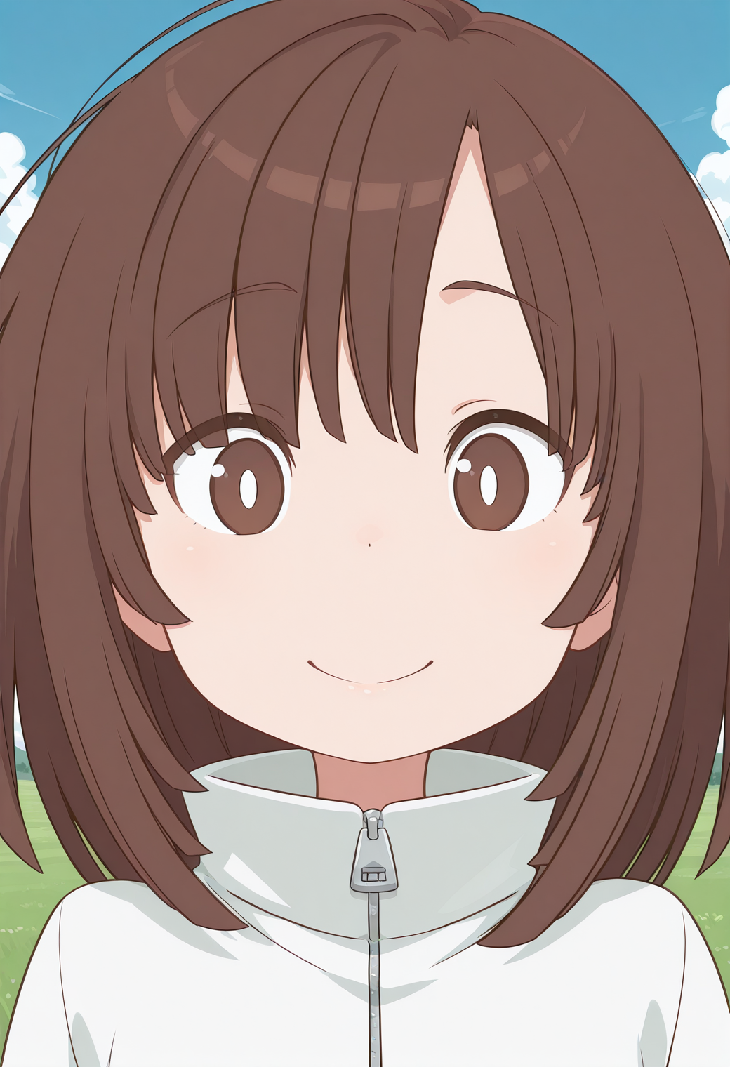 kitanaga, white pupils, brown eyes, brown hair, medium hair, white jacket, long sleeves, zipper, <lora:kitanaga_illustrious_ver1:0.8> 
smile,, masterpiece, best quality, sensitive,, 1girl, solo, blue sky, (grasslands:1.2), looking at viewer,, (upper body:1.2), (close-up:1.2), (facing viewer:1.2), (open eyes:1.4), (portrait:1.2)