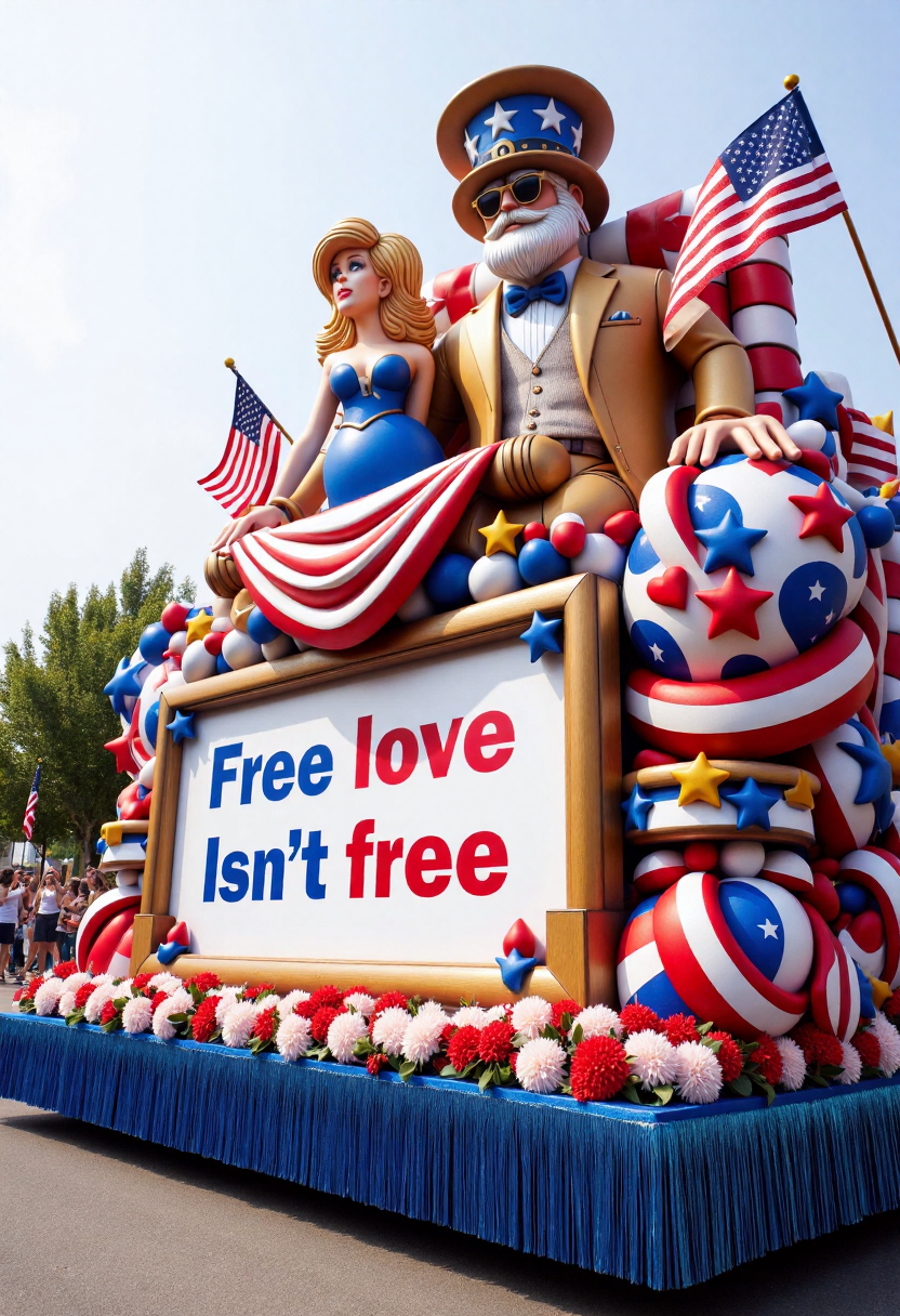 <lora:Parade_Float_Fashioner_FLUX-000005:0.9>
The image is a realistic photograph capturing a vibrant, elaborate patriotic romance themed parade float including banner with text "Free love ISN'T free".