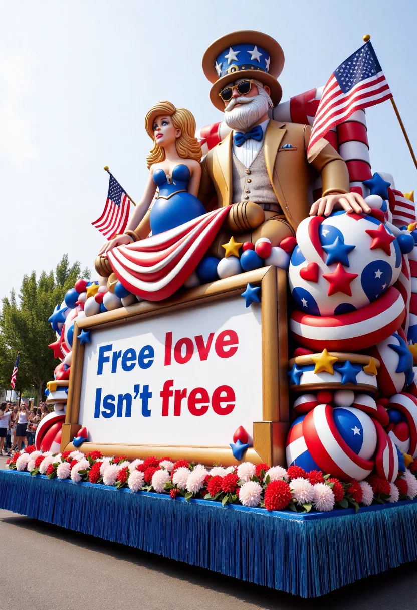 <lora:Parade_Float_Fashioner_FLUX-000005:0.9>
The image is a realistic photograph capturing a vibrant, elaborate patriotic romance themed parade float including banner with text "Free love ISN'T free".