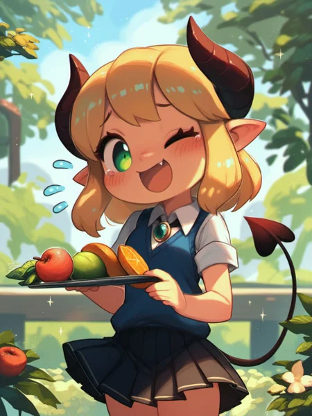 score_9, score_8_up, score_7_up,score_6_up, masterpiece, por4ever,
1girl, solo, blush, smile, open mouth, bangs, skirt, blonde hair, shirt, holding, jewelry, green eyes, tail, white shirt, short sleeves, cowboy shot, pleated skirt, one eye closed, food, horns, pointy ears, fang, collared shirt, black skirt, medium hair, vest, sparkle, fruit, flying sweatdrops, holding food, brooch, demon tail, sweater vest, borrowed character, smug, blue vest,
<lora:porforever_style_pony_v1-000006:0.9>,