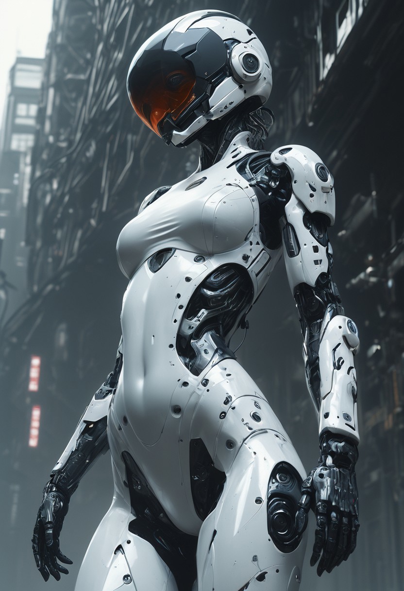 masterpiece,newest,absurdres,very awa,1girl,solo,cyborg,mobe-cybideen,white,eflection,visor,abstract,jacquard fabric,techwear,detailed helmet,mcnm,visor,dynamic pose,detailed by Hideo_Kojima,