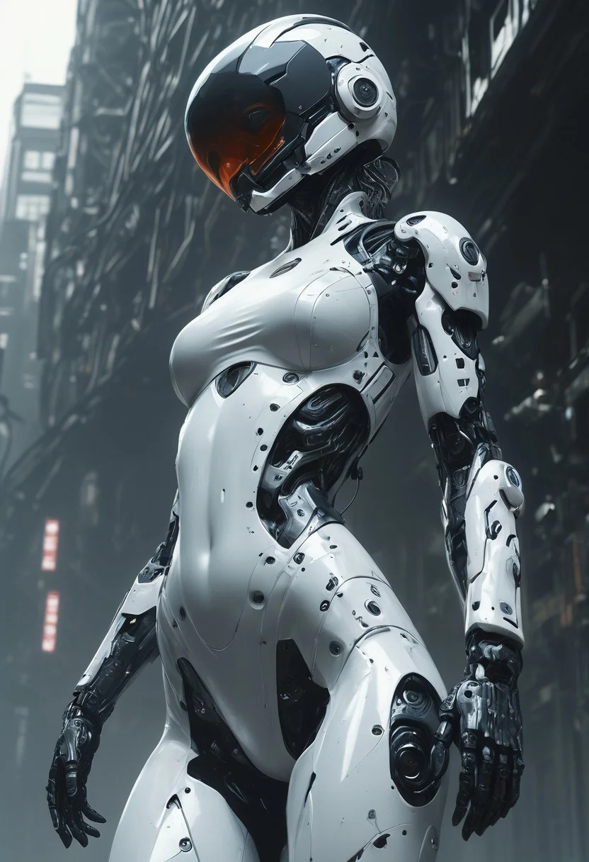 masterpiece,newest,absurdres,very awa,1girl,solo,cyborg,mobe-cybideen,white,eflection,visor,abstract,jacquard fabric,techwear,detailed helmet,mcnm,visor,dynamic pose,detailed by Hideo_Kojima,