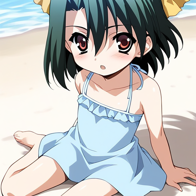 score_9, score_8_up, score_7_up, source_anime, rating_explicit, BREAK  <lora:Kiyoura_Setsuna_XL:1> Kiyoura_Setsuna, black hair,  green hair, short hair, red eyes, Yellow bow, hair ribbon, flat chest,hair between eyes, bangs,
1girl, sitting, dress, solo, chibi, bow, blush, looking at viewer, light blue dress, open mouth,
outdoor, beach, summer,