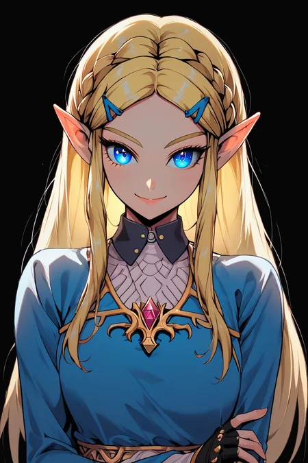 <lora:KuroCAT_Style:1>, high resolution, highly detailed, perfect lighting, beautiful detailed eyes, upper body, black background, 1girl, solo, looking at viewer, princess zelda, long hair, crown braid, hairclip, pointy ears, blue shirt, long sleeves, fingerless gloves, black gloves, smile, curvy, head tilt,