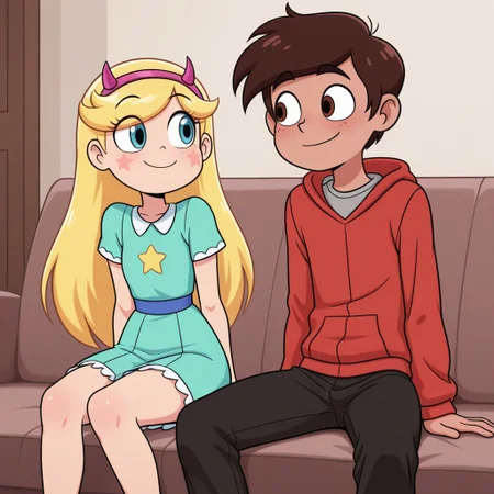 masterpiece, best quality, break. star_co, (1boy, marco_d, hoodie), break, (1girl, star_b, fake horns, dress), sitting, game contoller, smile,