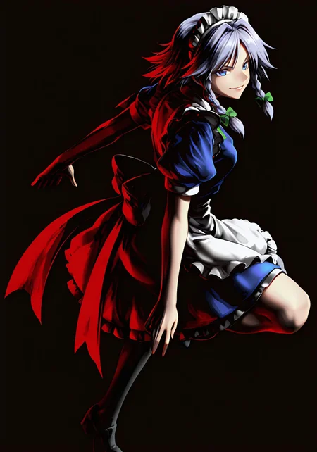 safe_pos, highres, absurdres, masterpiece, best quality, source_anime, izayoi sakuya, 1girl, solo, blue eyes, twin braids, medium breasts, maid headdress, apron, puffy sleeves, pov, looking at viewer, full body, from side, evil smile, dynamic pose, red shadow, black background