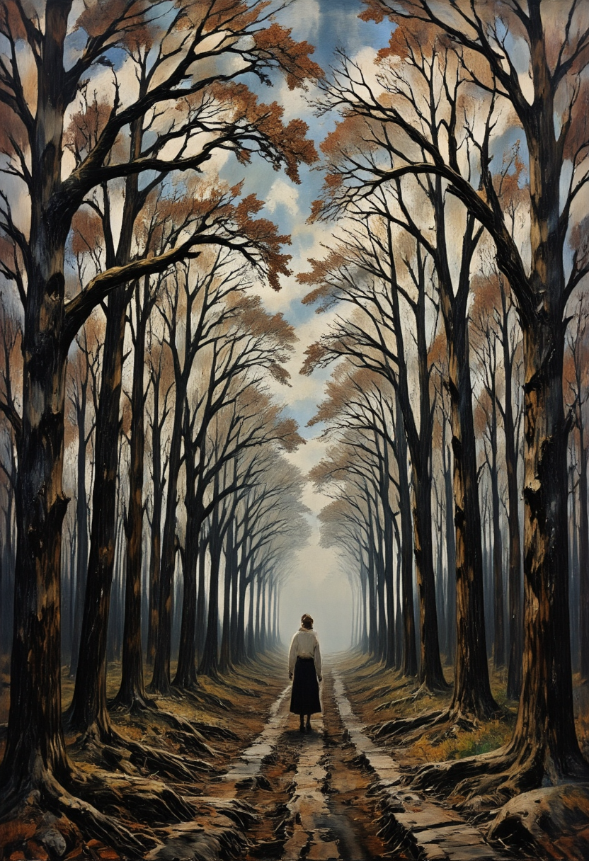 A person walking through an endless forest of bare, twisted trees, Solitude in Nature, in memadukan_painter art style, <lora:Memadukan_Brush_Strokes_of_Fineart-000006:1.0>