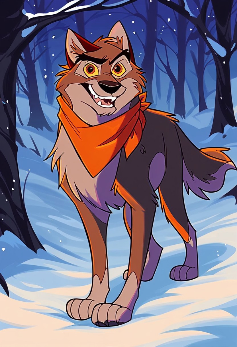 score_9, score_8_up, score_7_up, score_6_up, score_5_up, score_4_up, source_furry, hi res, concept art, in forest, snow, snowy, night, solo, Balto, wolf, wolfdog, wearing a orange kerchief, yellow sclera, brown eyes, snow on fur, happy face, feral, male, dynamic pose, looking at the viewer,