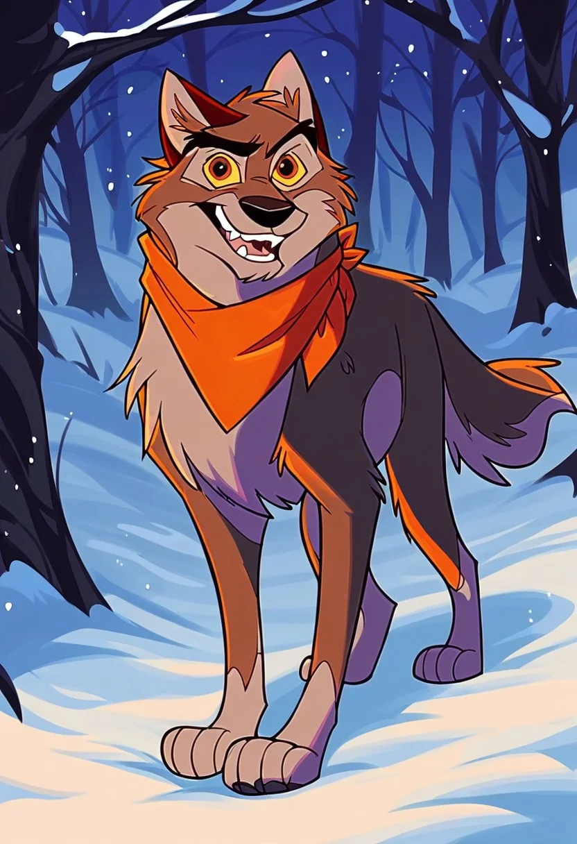 score_9, score_8_up, score_7_up, score_6_up, score_5_up, score_4_up, source_furry, hi res, concept art, in forest, snow, snowy, night, solo, Balto, wolf, wolfdog, wearing a orange kerchief, yellow sclera, brown eyes, snow on fur, happy face, feral, male, dynamic pose, looking at the viewer,