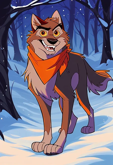 score_9, score_8_up, score_7_up, score_6_up, score_5_up, score_4_up, source_furry, hi res, concept art, in forest, snow, snowy, night, solo, Balto, wolf, wolfdog, wearing a orange kerchief, yellow sclera, brown eyes, snow on fur, happy face, feral, male, dynamic pose, looking at the viewer,