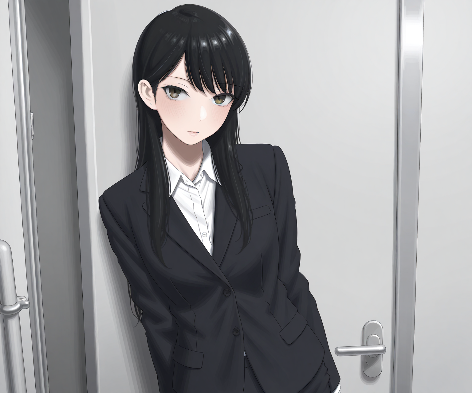 masterpiece, best quality, amazing quality, sfw, 1girl, solo, business suit,  black hair, , looking at viewer, <lora:kaminari-doon style ILL-v2:1> kaminari_doon