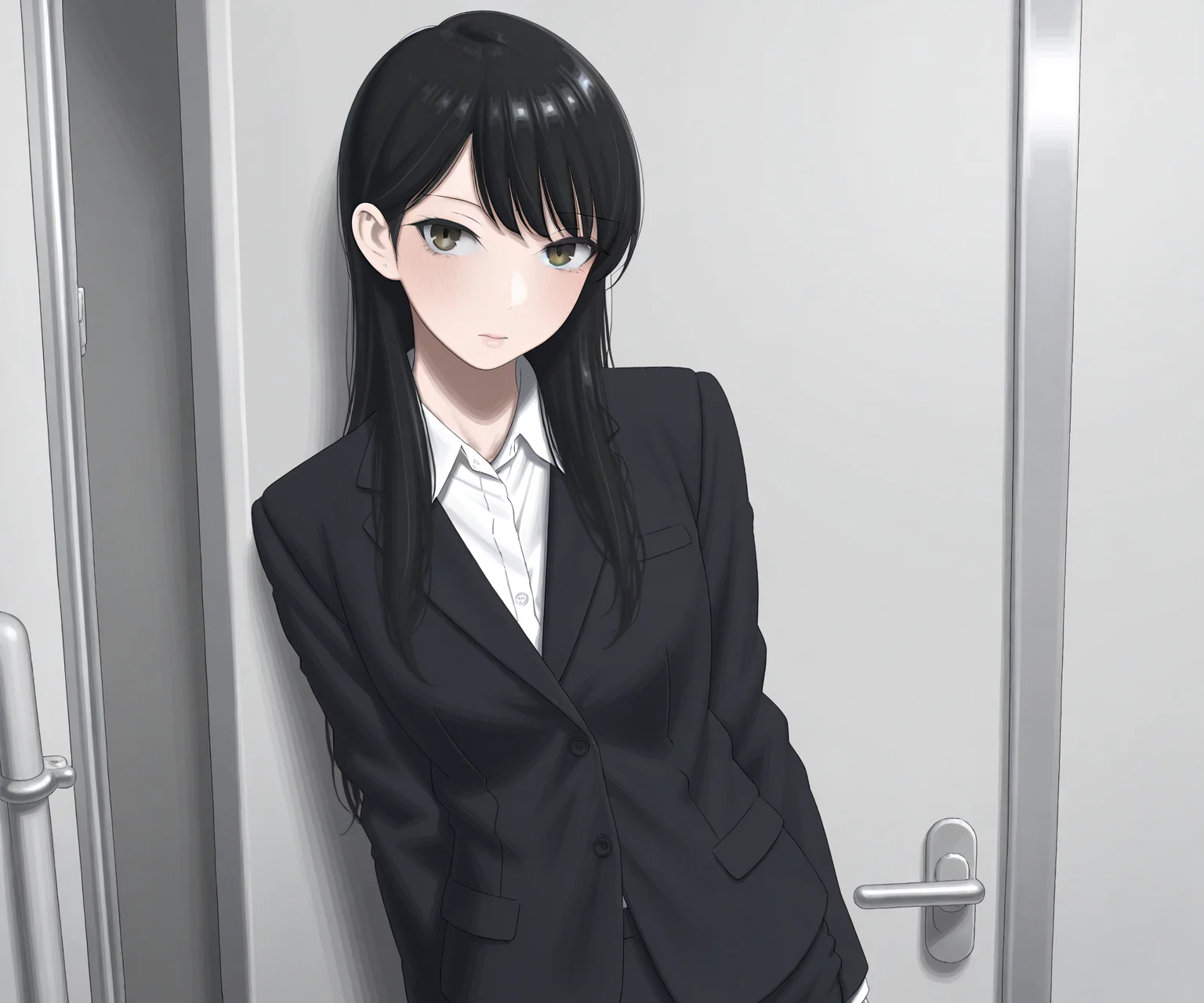 masterpiece, best quality, amazing quality, sfw, 1girl, solo, business suit, black hair, , looking at viewer, <lora:kaminari-doon style ILL-v2:1> kaminari_doon