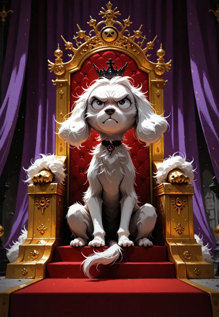 dog, solo, animal focus, grumpy dog, white poodle, general, golden throne, sitting on throne, red throne, black crown, throne room, purple curtains, spotlight, depth of field, photo \(medium\), scenery, volumetric lighting, masterpiece, best quality, good quality, very awa, very aesthetic, absurdres, newest, opill