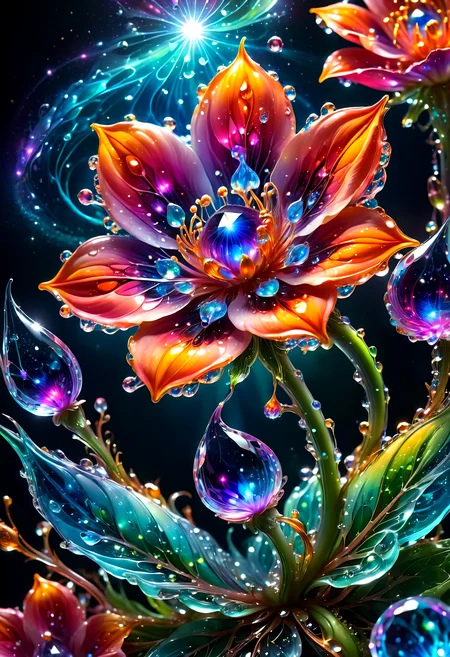 macro photo, sparkling magical fantasy glass flower dewdrop, very detailed, amazing quality, intricate, cinematic light, highly detail, beautiful, surreal, dramatic, galaxy fantasy colors,
<lora:SDXLFaeTastic2400:1>